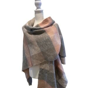 Poncho Wrap Womens OS Pink Grey Pastel Plaid Oversized Soft Shawl Cape Blanket